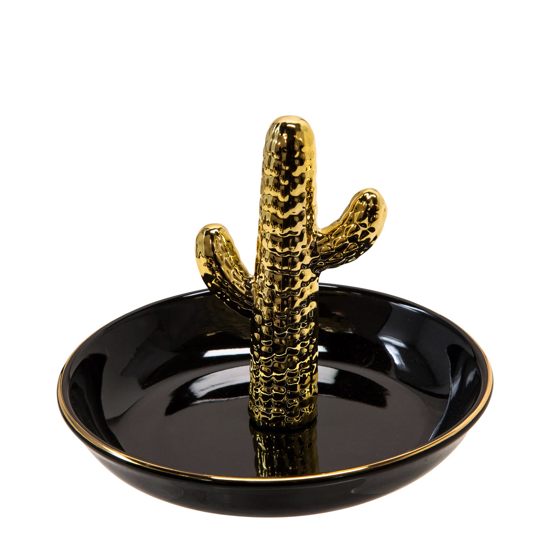 CERAMIC 6" CACTUS TRINKET TRAY, BLACK/GOLD
