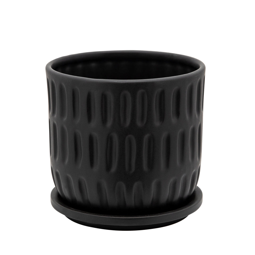 6" TEXTURED PLANTER W/ SAUCER, MATTE BLACK