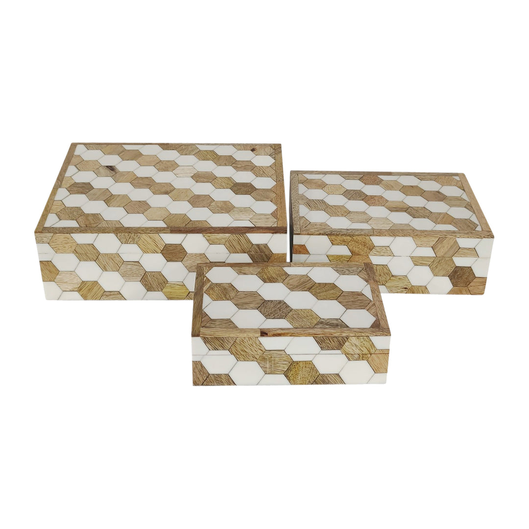 RESIN, S/3 6/7/9" HEXAGON INLAY BOXES, WHITE