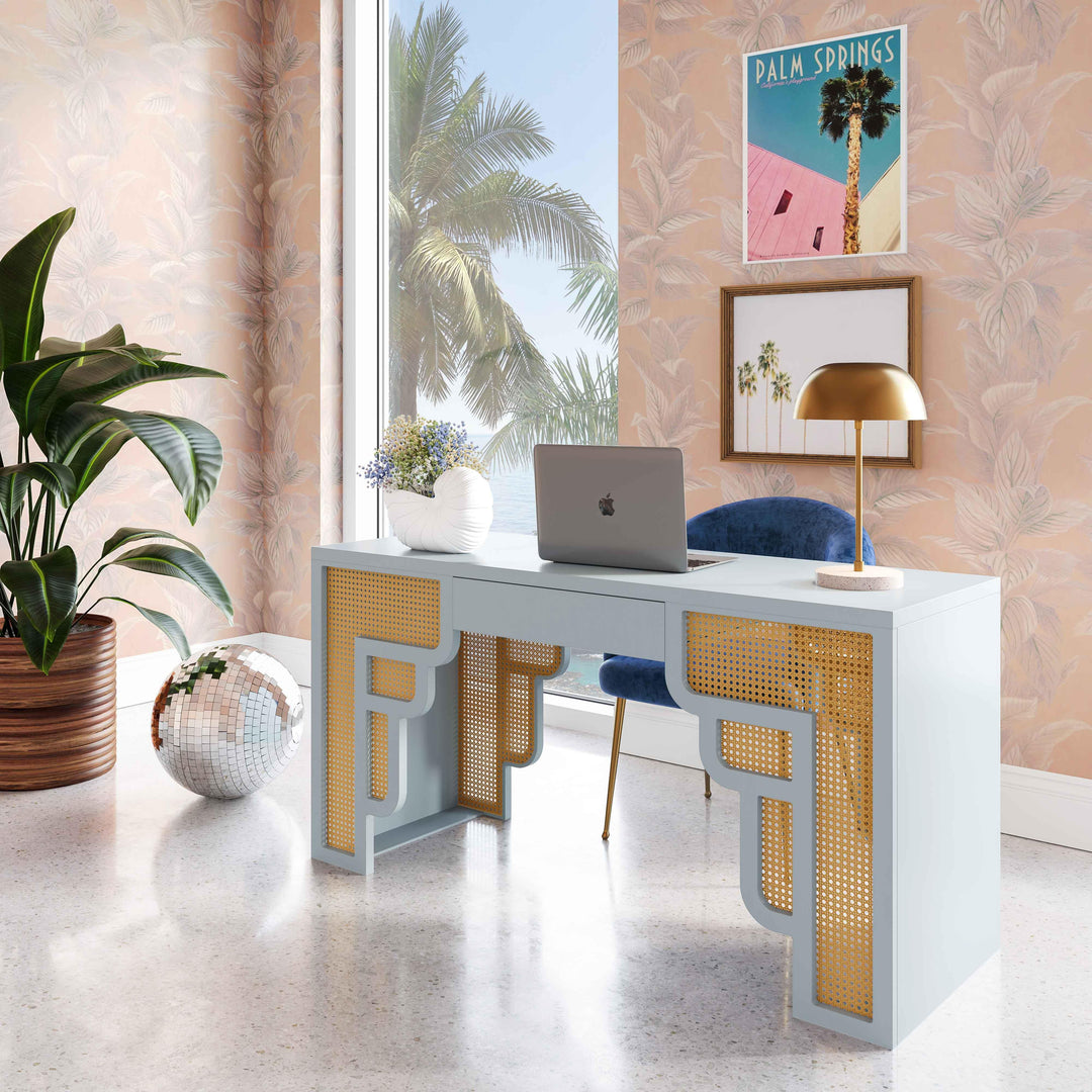 Suzie Pastel Blue & Rattan Executive Desk