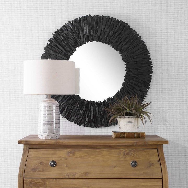 Teak Branch Round Mirror, Black