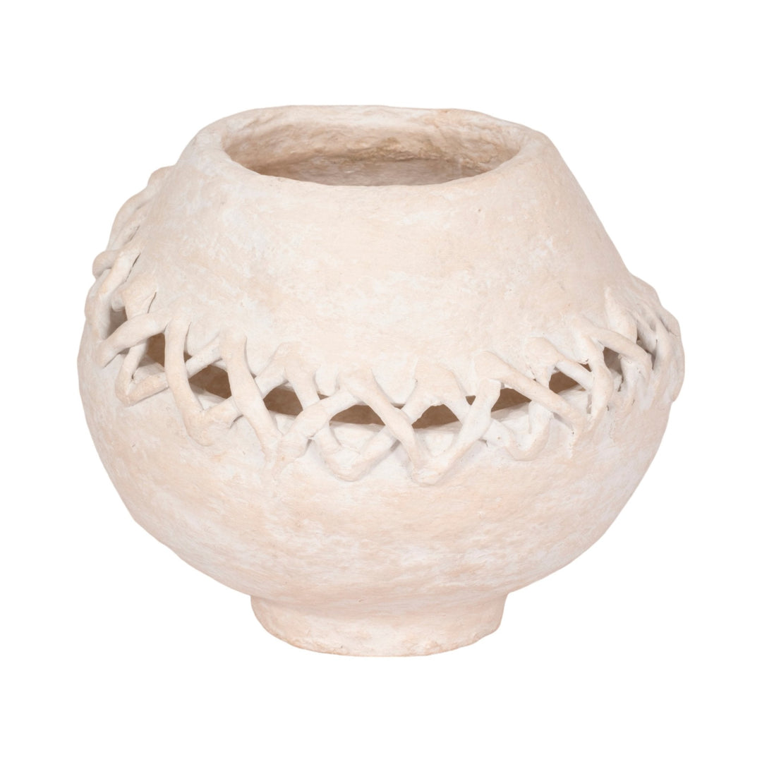 10" STITCHED PAPER MACHE ROUND VASE, WHITE