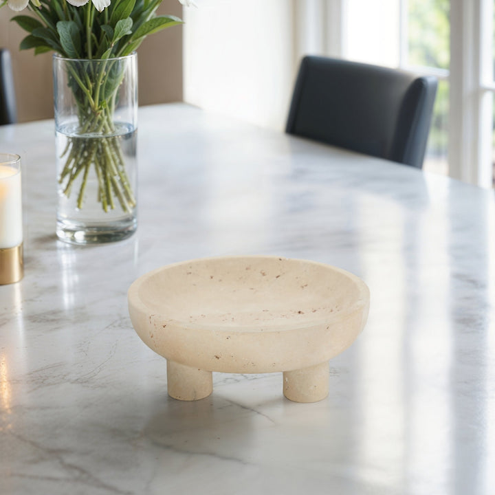 10" TRAVERTINE FOOTED BOWL, TAN