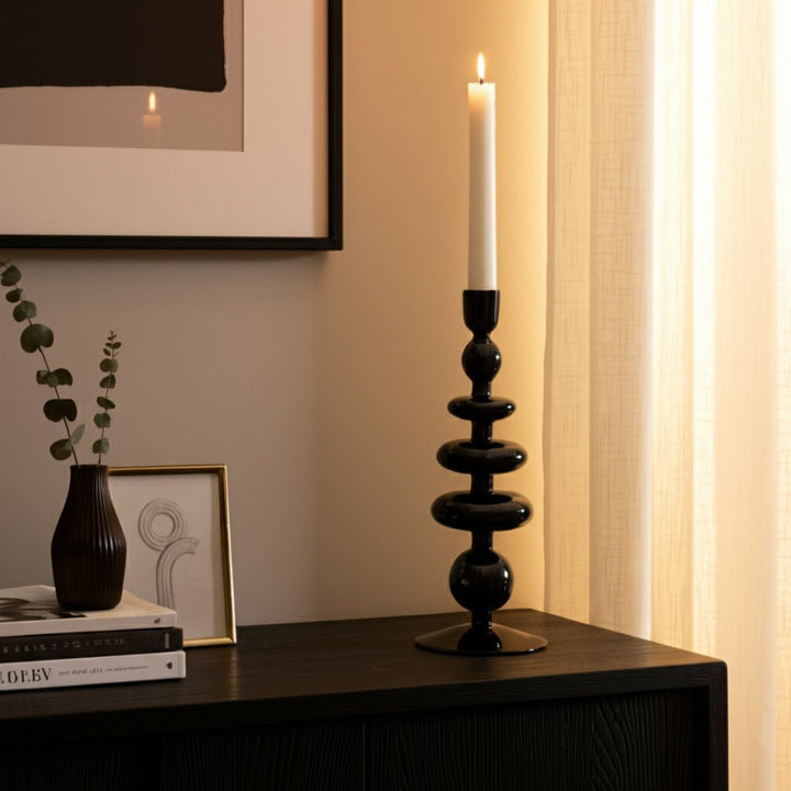 11" VINTAGE GLASS TAPER CANDLE HOLDER, BLACK