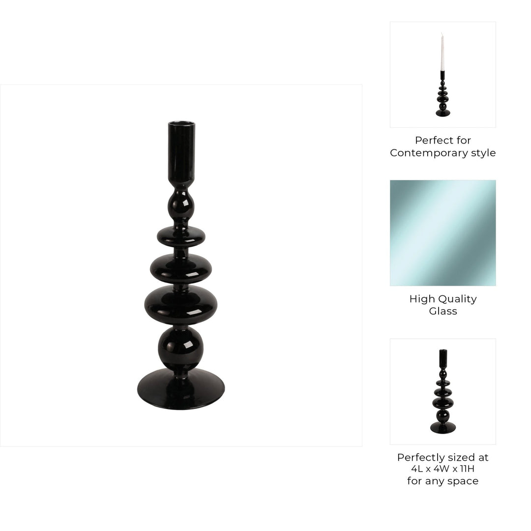 11" VINTAGE GLASS TAPER CANDLE HOLDER, BLACK
