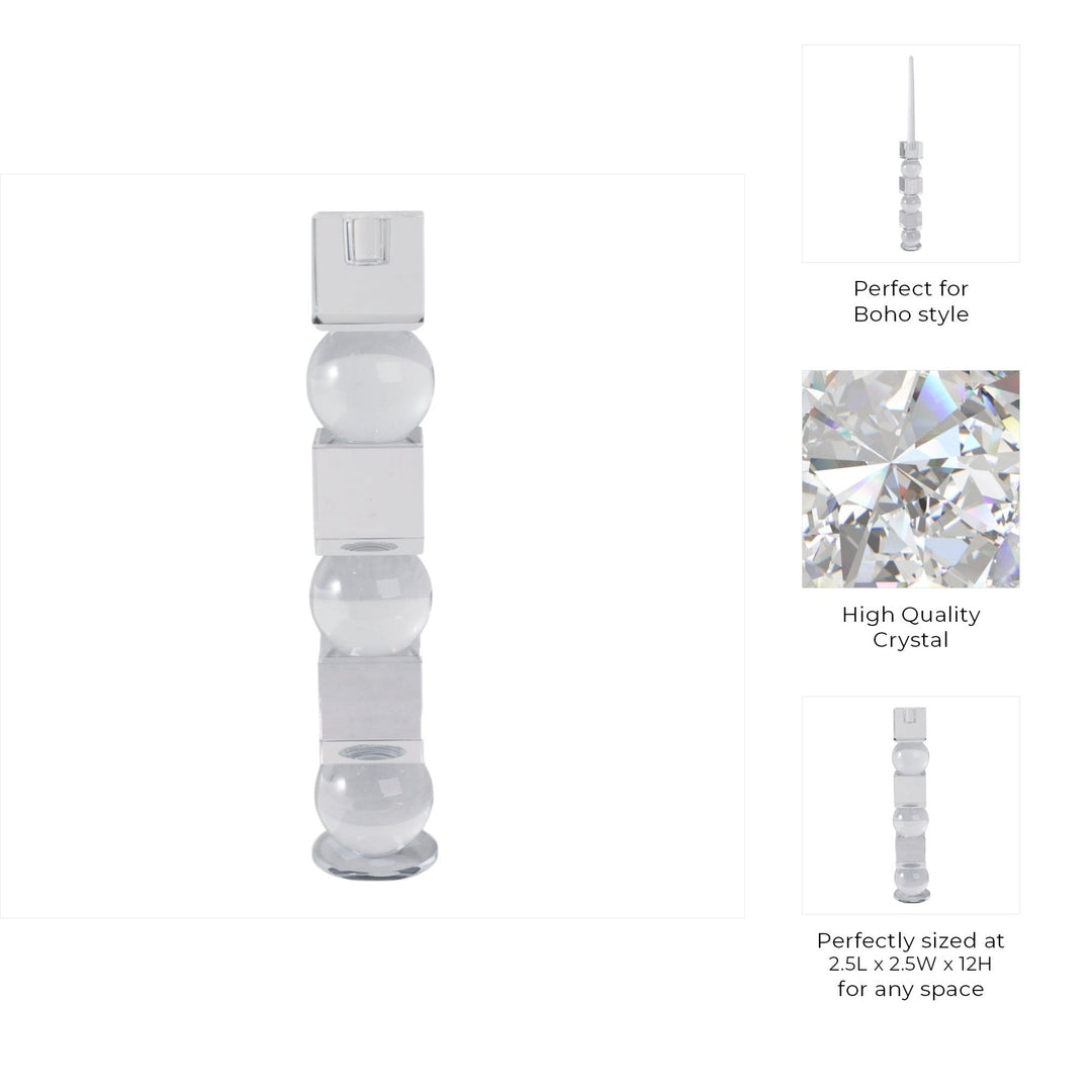12" Crystal Orbs & Blocks Taper Candleholder, Clea