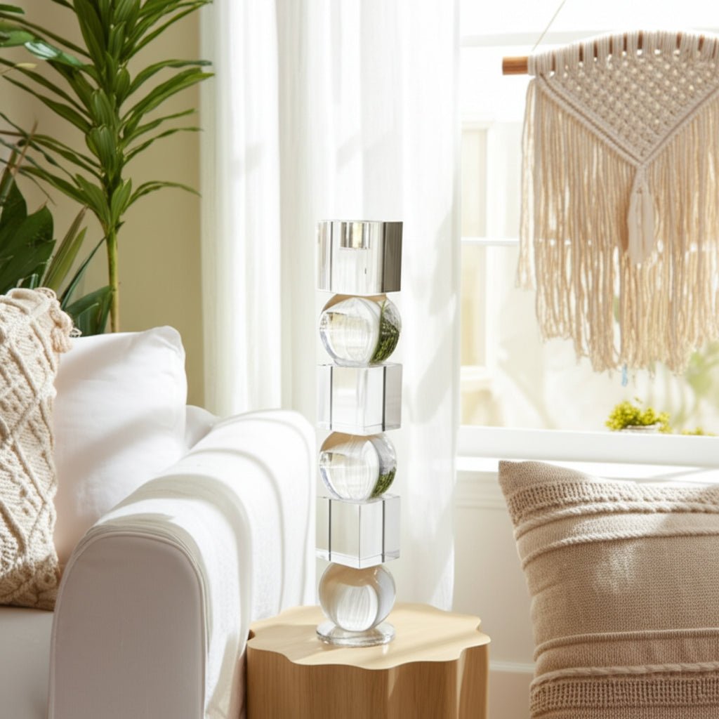 12" Crystal Orbs & Blocks Taper Candleholder, Clea