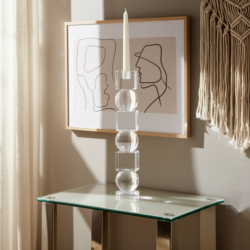 12" Crystal Orbs & Blocks Taper Candleholder, Clea