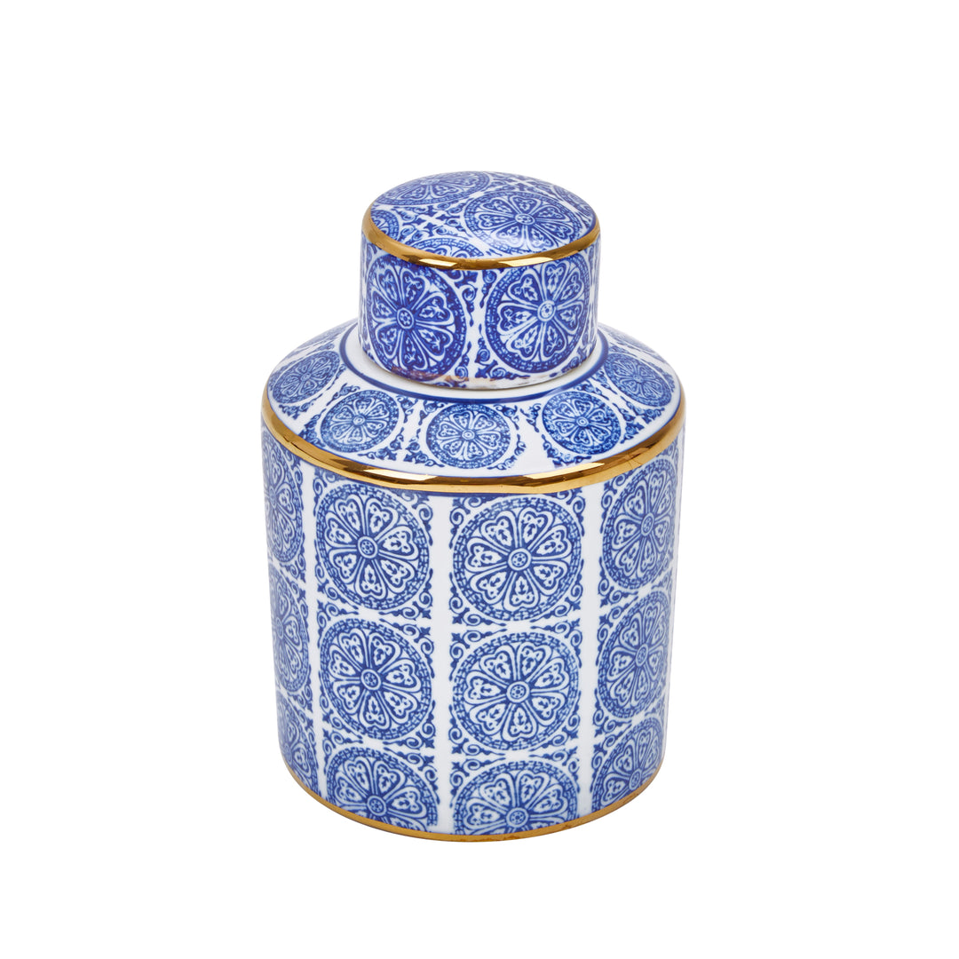 Decorative Ceramic Covered Jar, Blue/White/Gold