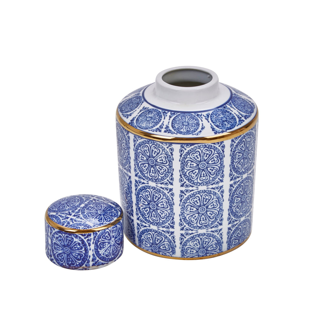 Decorative Ceramic Covered Jar, Blue/White/Gold