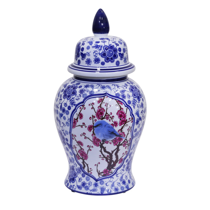 Decorative Ceramic Temple Jar, Blue/White/Crimson