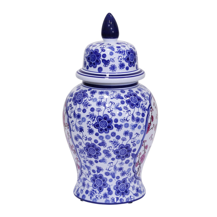 Decorative Ceramic Temple Jar, Blue/White/Crimson