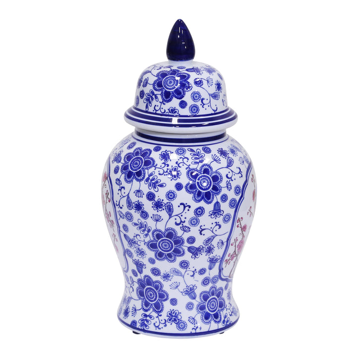 Decorative Ceramic Temple Jar, Blue/White/Crimson