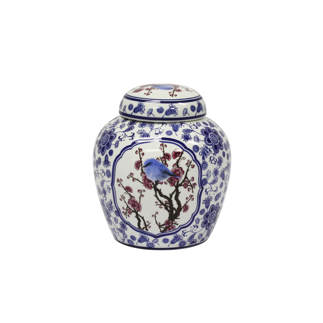 Decorative Ceramic Covered Jar, Blue/White/Crimson