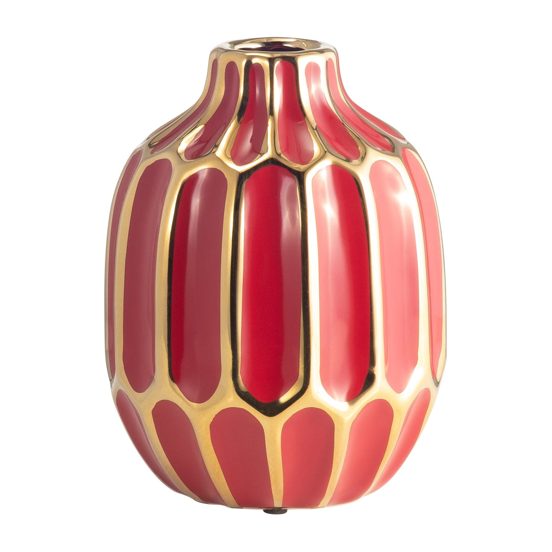 CERAMIC VASE 8"H, RED/GOLD