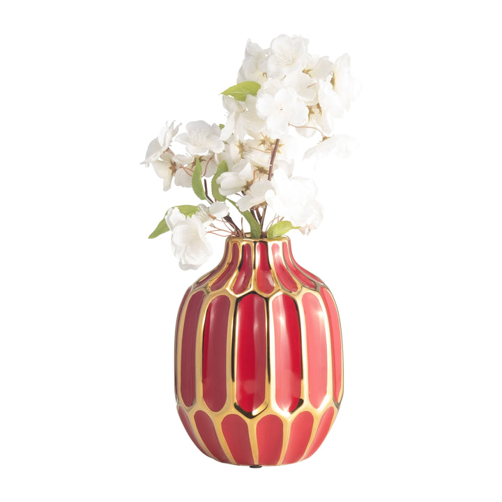 CERAMIC VASE 8"H, RED/GOLD