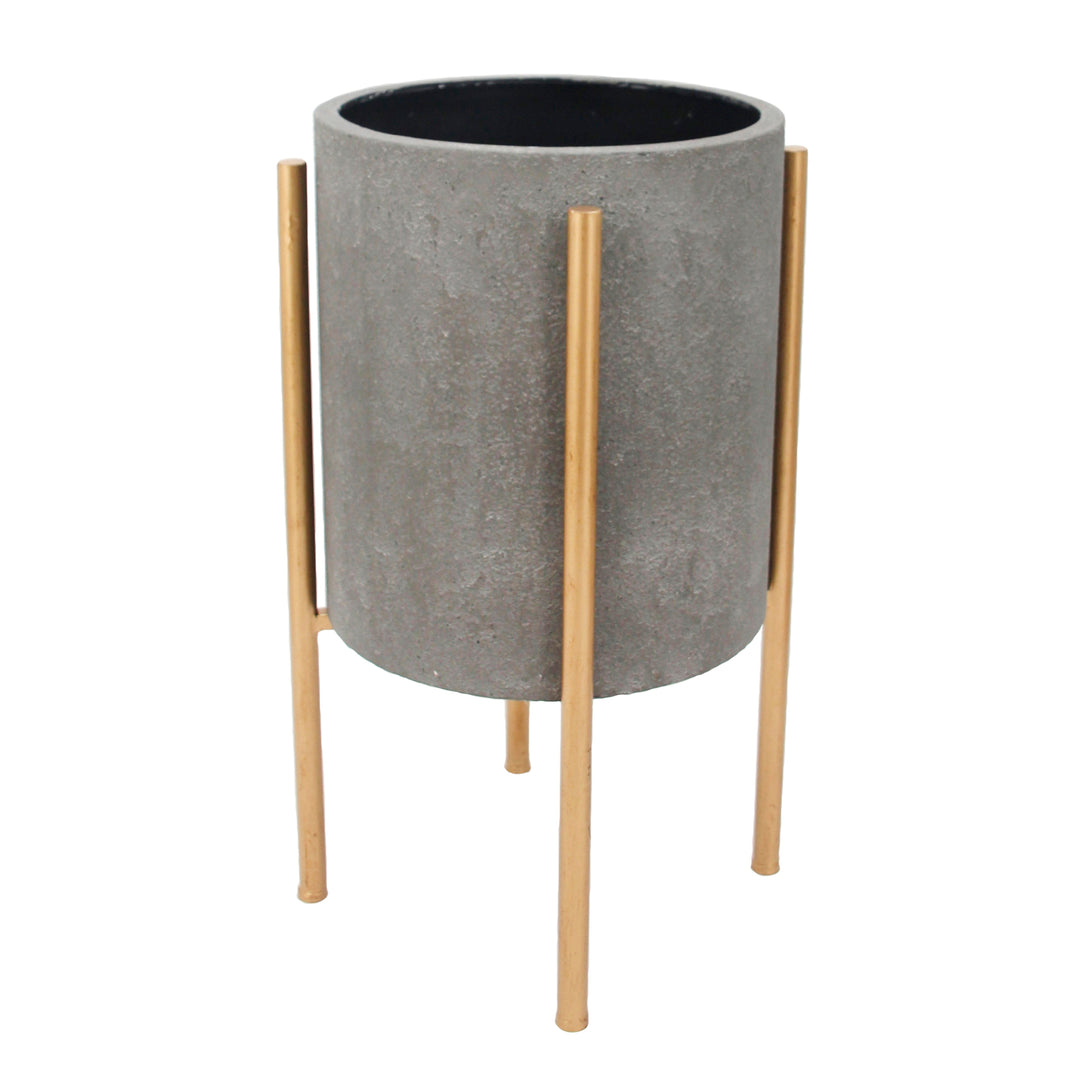 GRAY PLANTER ON GOLD METAL STAND 22.75"