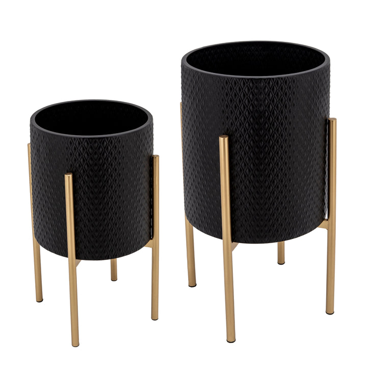 S/2 TEXTURED PLANTER ON METALSTAND, BLACK/GLD