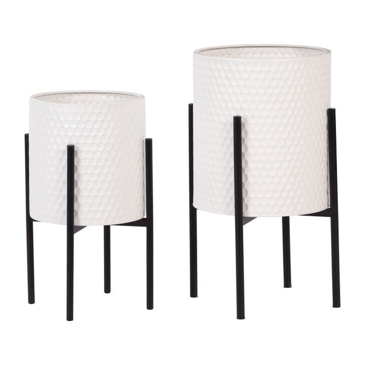 S/2 HONEYCOMB PLANTER ON METALSTAND, WHITE/BLK