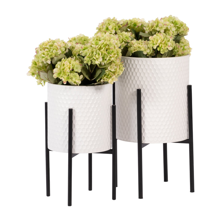 S/2 HONEYCOMB PLANTER ON METALSTAND, WHITE/BLK