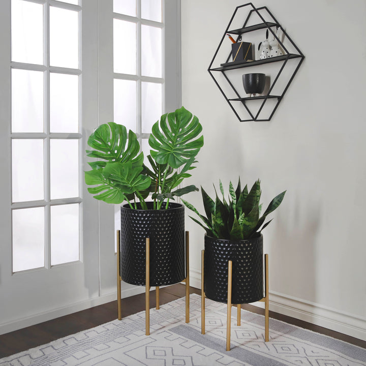 S/2 HONEYCOMB PLANTER ON METALSTAND, BLACK/GLD