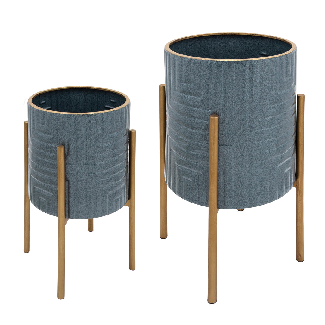 S/2 PLANTER ON METAL STAND, SLATE BLUE/GOLD