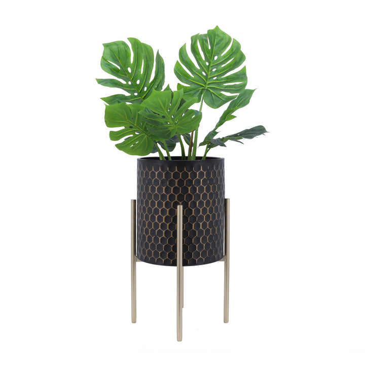 S/2 3D  HONEYCOMB PLANTER ON METAL STAND, BLK/GLD