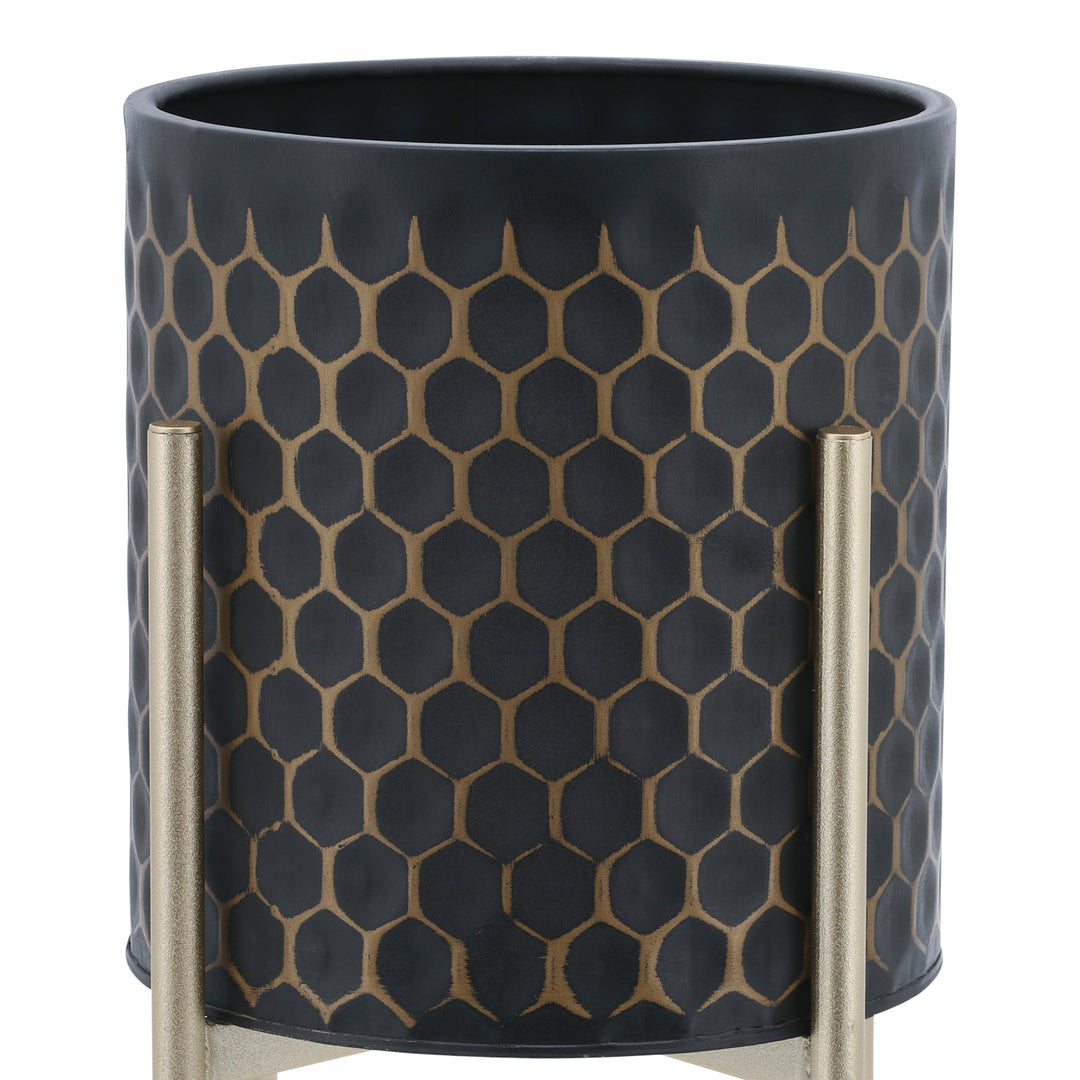 S/2 3D  HONEYCOMB PLANTER ON METAL STAND, BLK/GLD