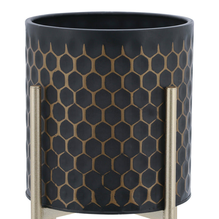 S/2 3D  HONEYCOMB PLANTER ON METAL STAND, BLK/GLD