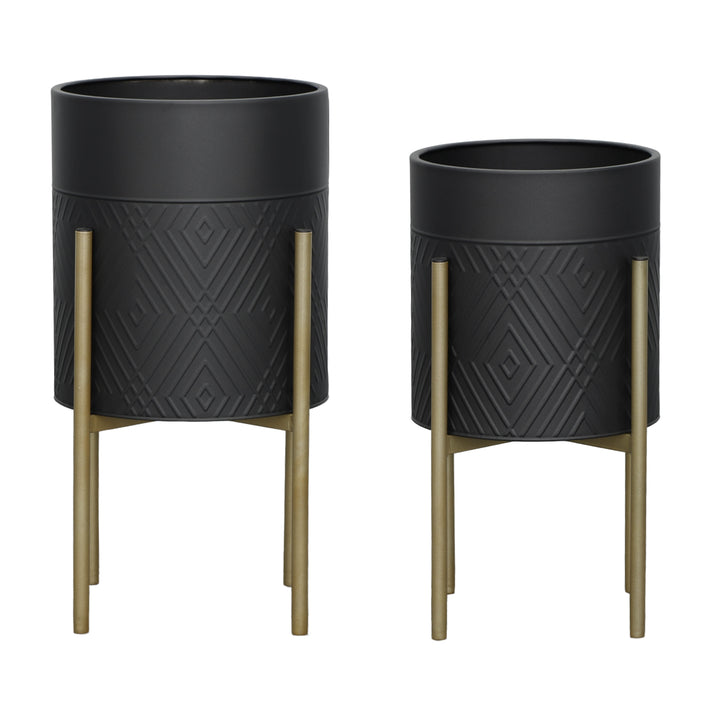 S/2 DIAMOND PLANTER ON METAL TAND, BLK/GLD