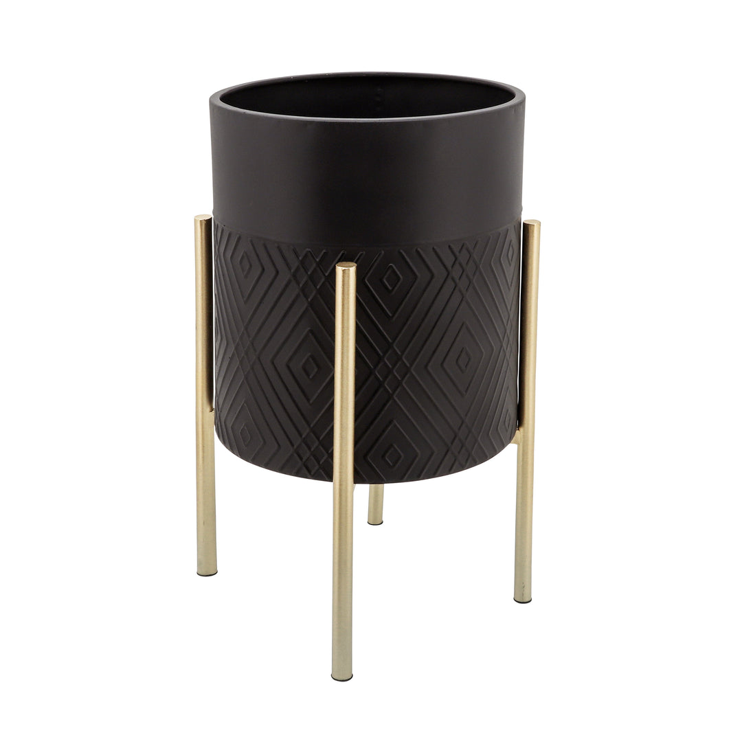 S/2 DIAMOND PLANTER ON METAL TAND, BLK/GLD