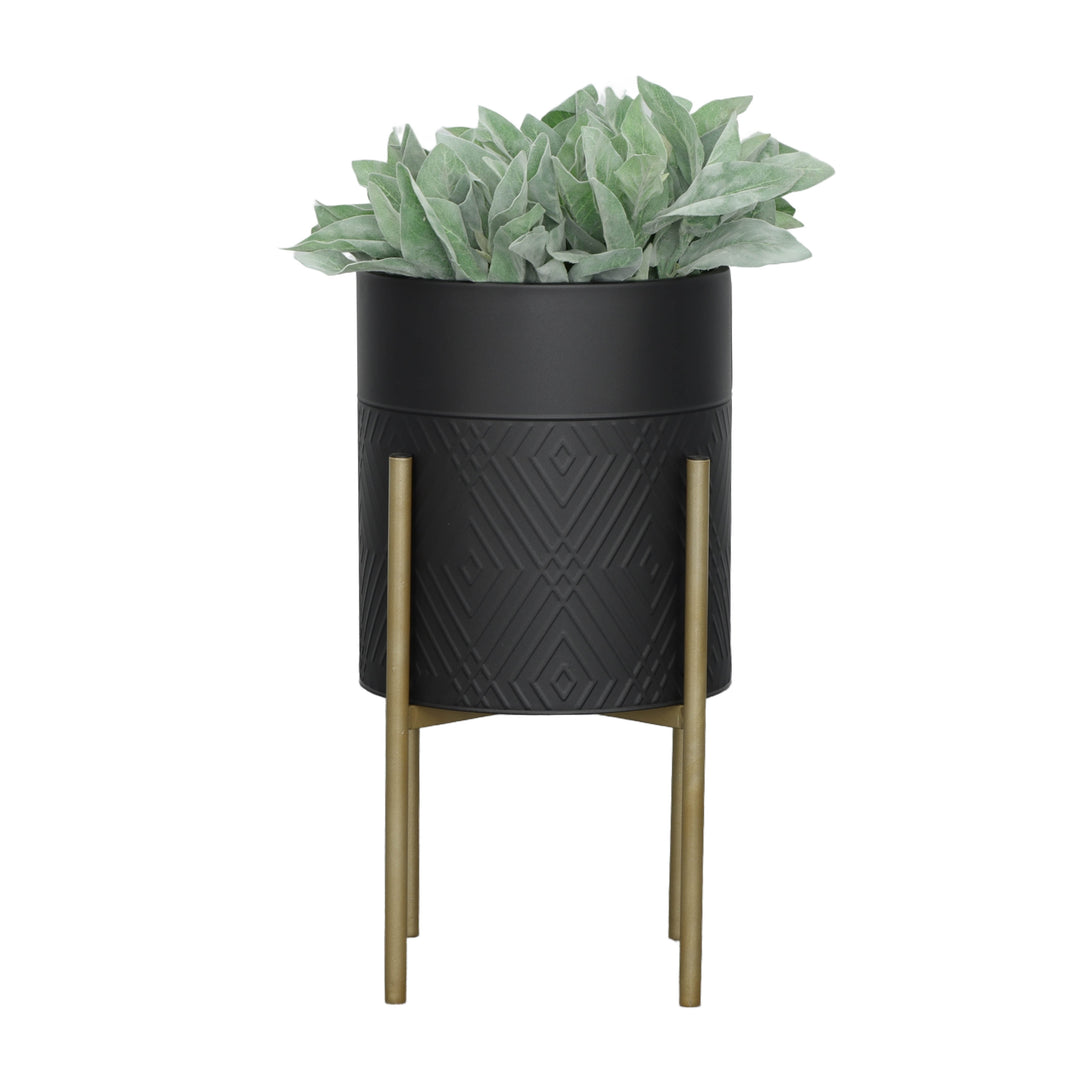 S/2 DIAMOND PLANTER ON METAL TAND, BLK/GLD