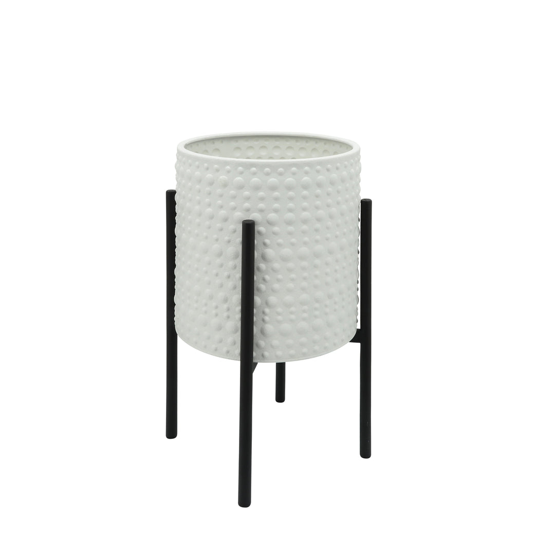 S/2 DOTTED PLANTERS IN METAL STAND, WHITE