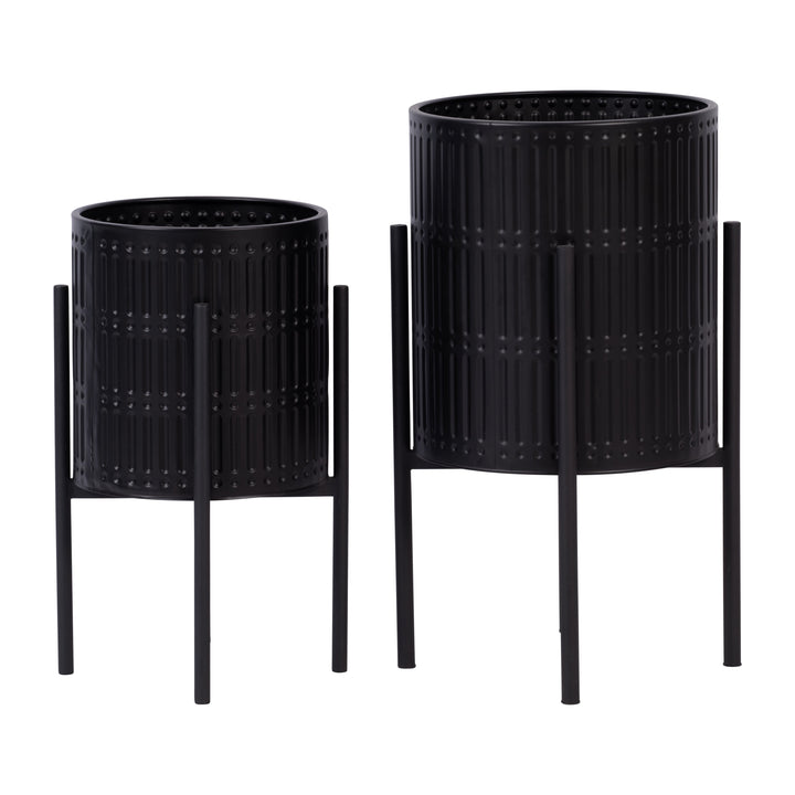 S/2 RIDGED PLANTERS IN METAL STAND, BLACK