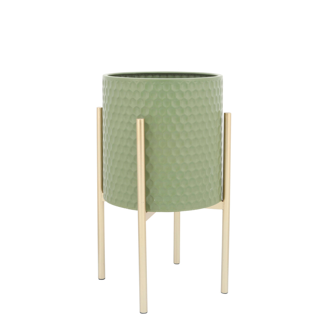 S/2 HONEYCOMB PLANTER ON METAL STAND, olive /gold