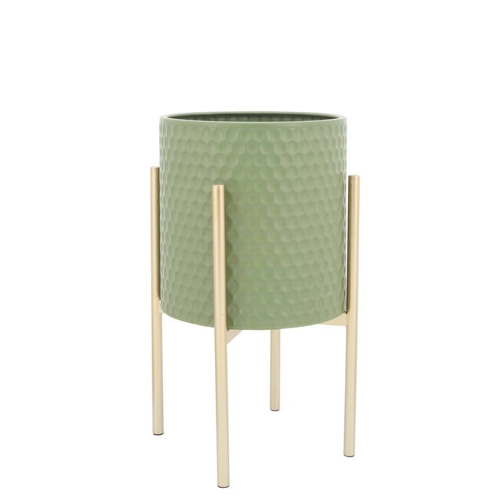 S/2 HONEYCOMB PLANTER ON METAL STAND, olive /gold