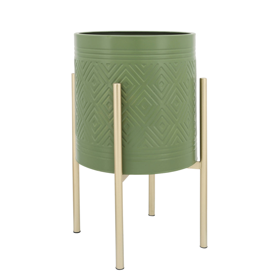 S/2 AZTEC PLANTER ON METAL STAND, OLIVE/GOLD