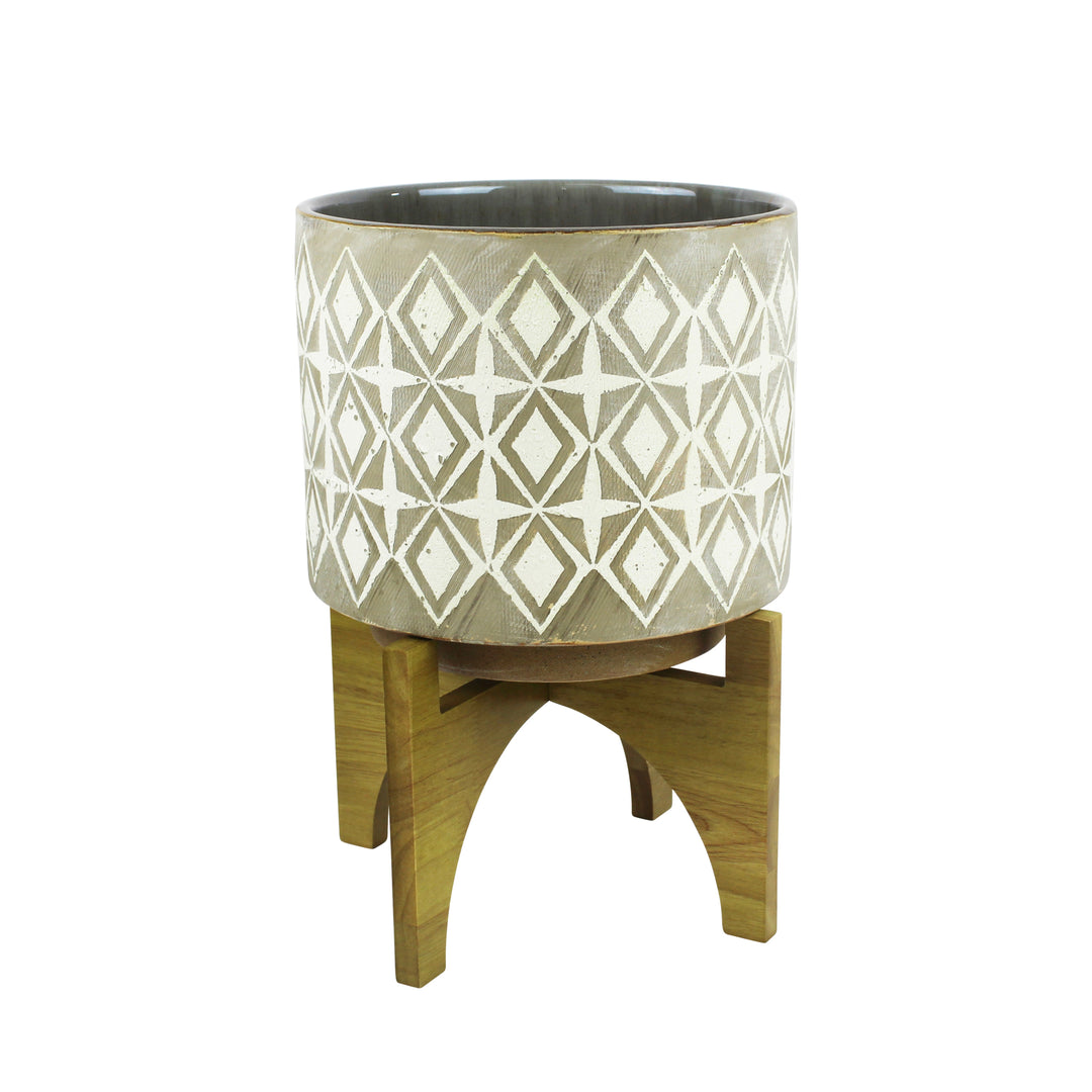 GRAY/WHITE PLANTER, WOOD STAND, 10.25"