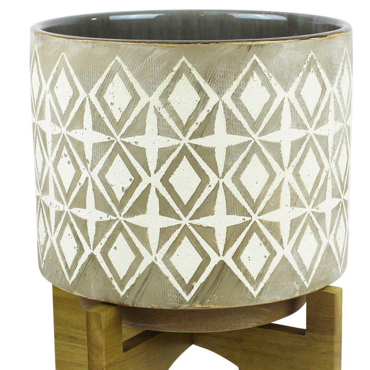 GRAY/WHITE PLANTER, WOOD STAND, 10.25"