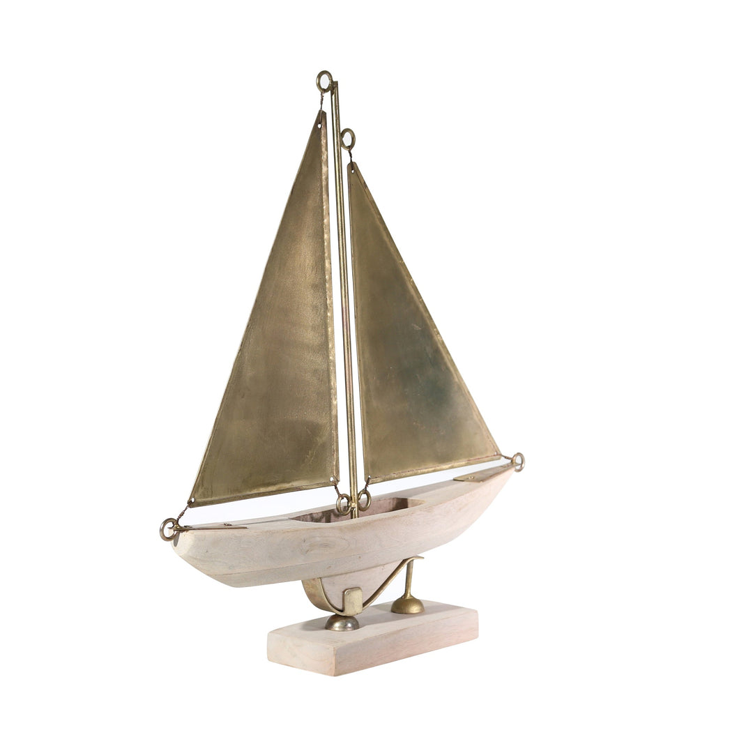 WOODEN SAILBOAT ON STAND , WHITE WASH