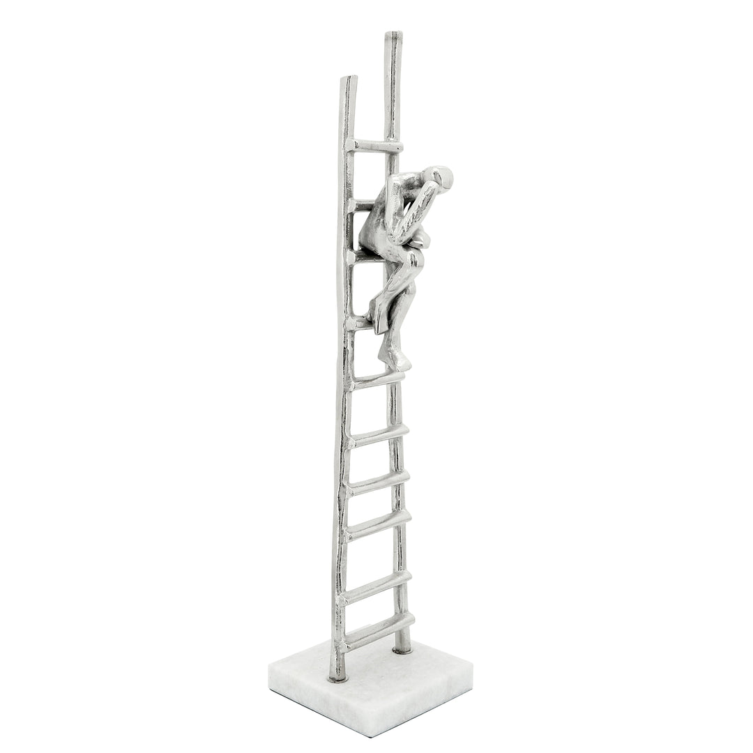 Metal Man Sitting On Ladder, Marble Base, Silver