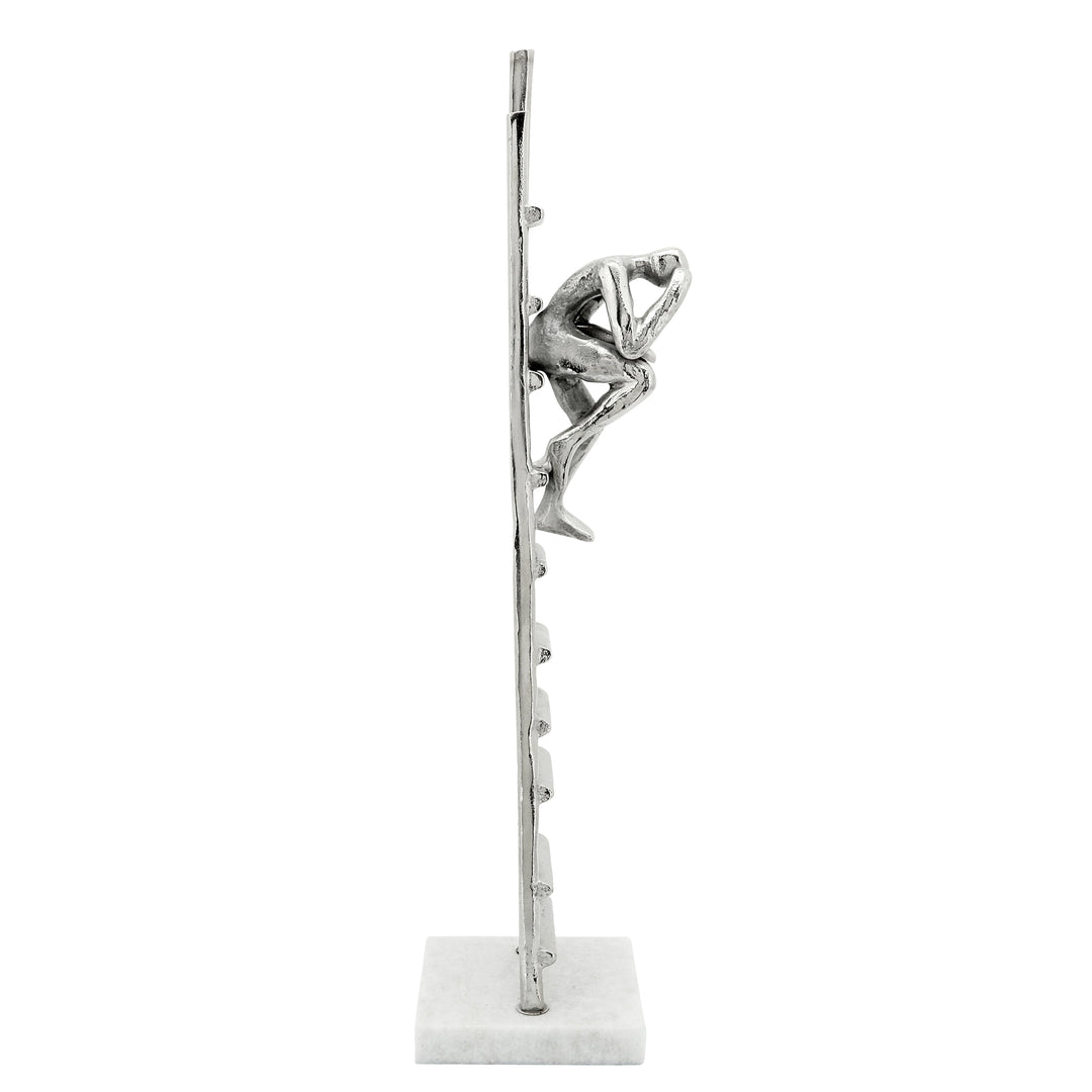 Metal Man Sitting On Ladder, Marble Base, Silver