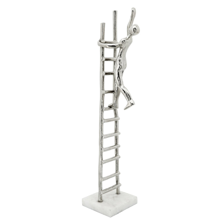 Metal Man Climbing Ladder, Marble Base, Silver