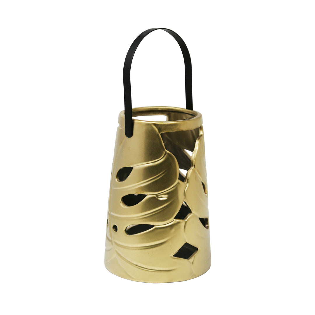 Decorative Ceramic Leaf Lantern, Matte Gold