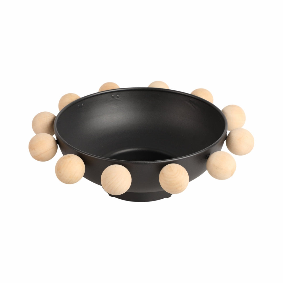 13" Bowl With Large Wooden Knobs, Black