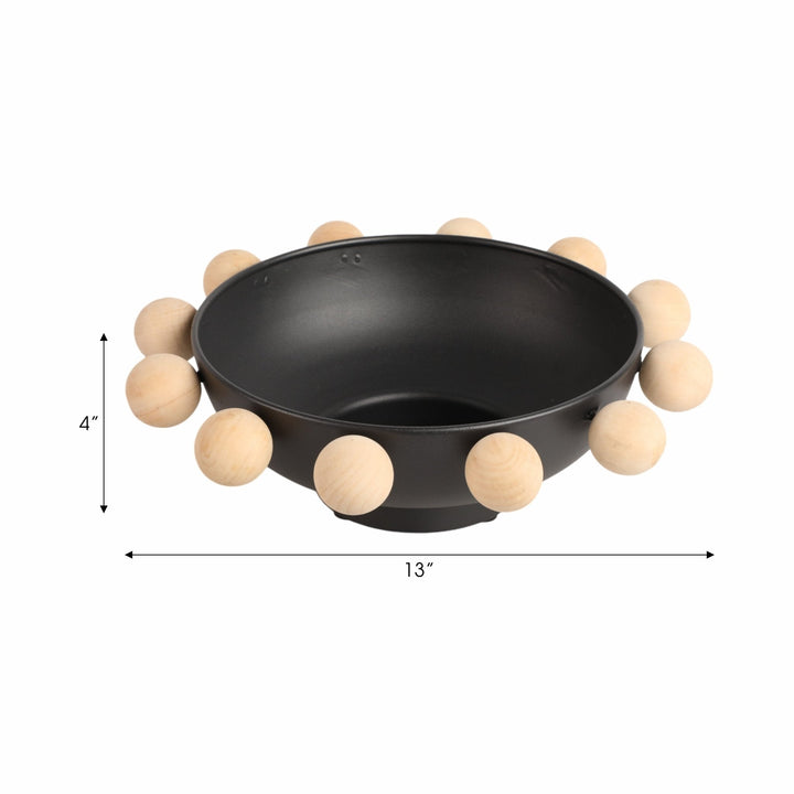 13" Bowl With Large Wooden Knobs, Black