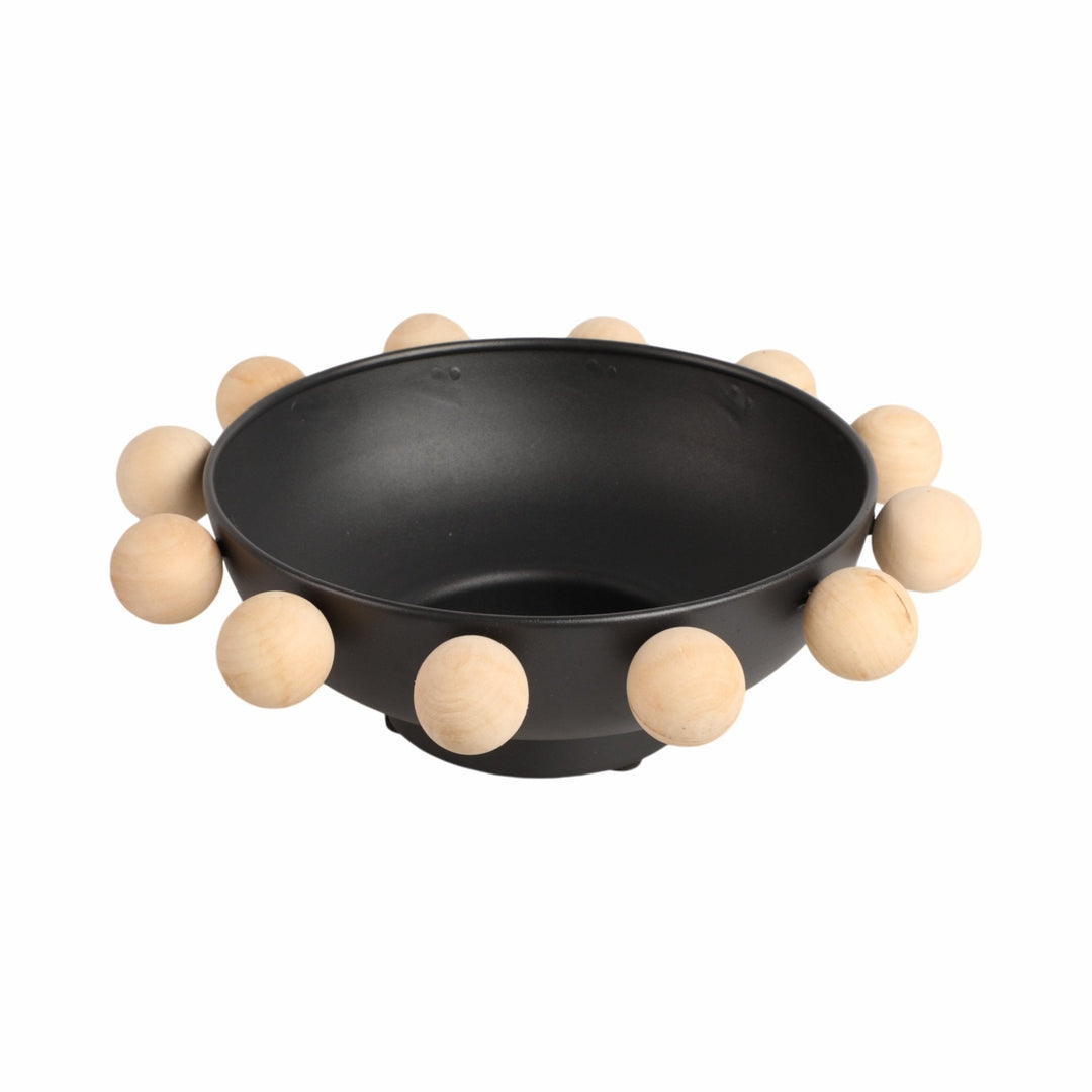 13" Bowl With Large Wooden Knobs, Black