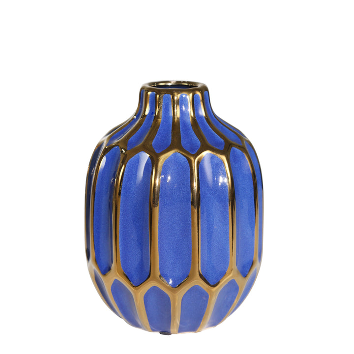 CERAMIC 8" DECORATIVE VASE NAVY/GOLD