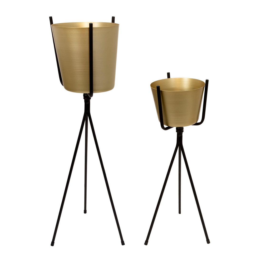 GOLD METAL PLANTER, BLACK TRIPOD 31.5"