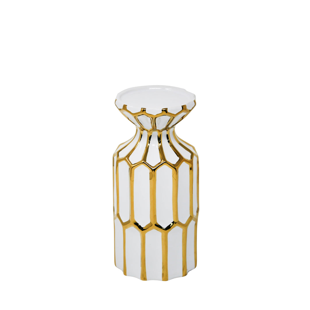 Ceramic Pillar Candle Holder, White / Gold